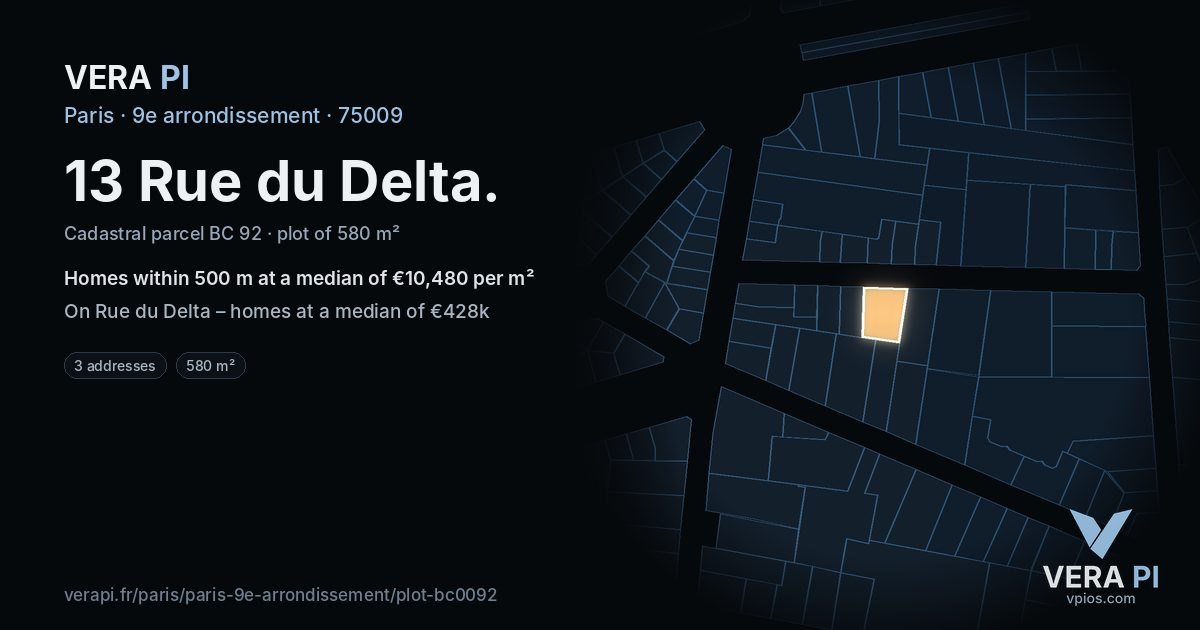 13 Rue du Delta, 9e arrondissement at night – the plot lit, the parcels around coloured by the prices near them