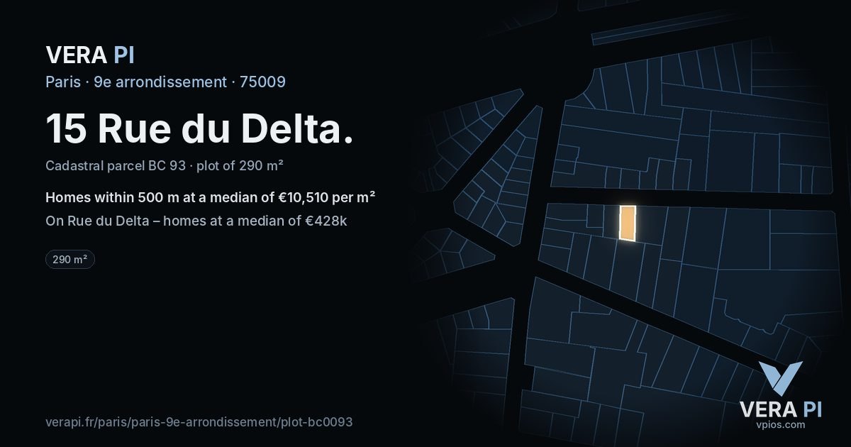 15 Rue du Delta, 9e arrondissement at night – the plot lit, the parcels around coloured by the prices near them