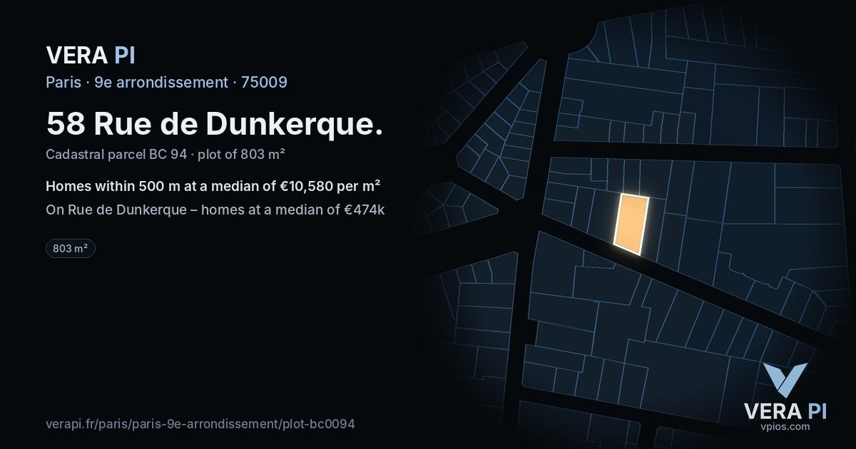 58 Rue de Dunkerque, 9e arrondissement at night – the plot lit, the parcels around coloured by the prices near them