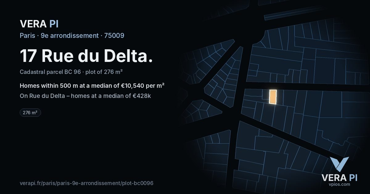 17 Rue du Delta, 9e arrondissement at night – the plot lit, the parcels around coloured by the prices near them