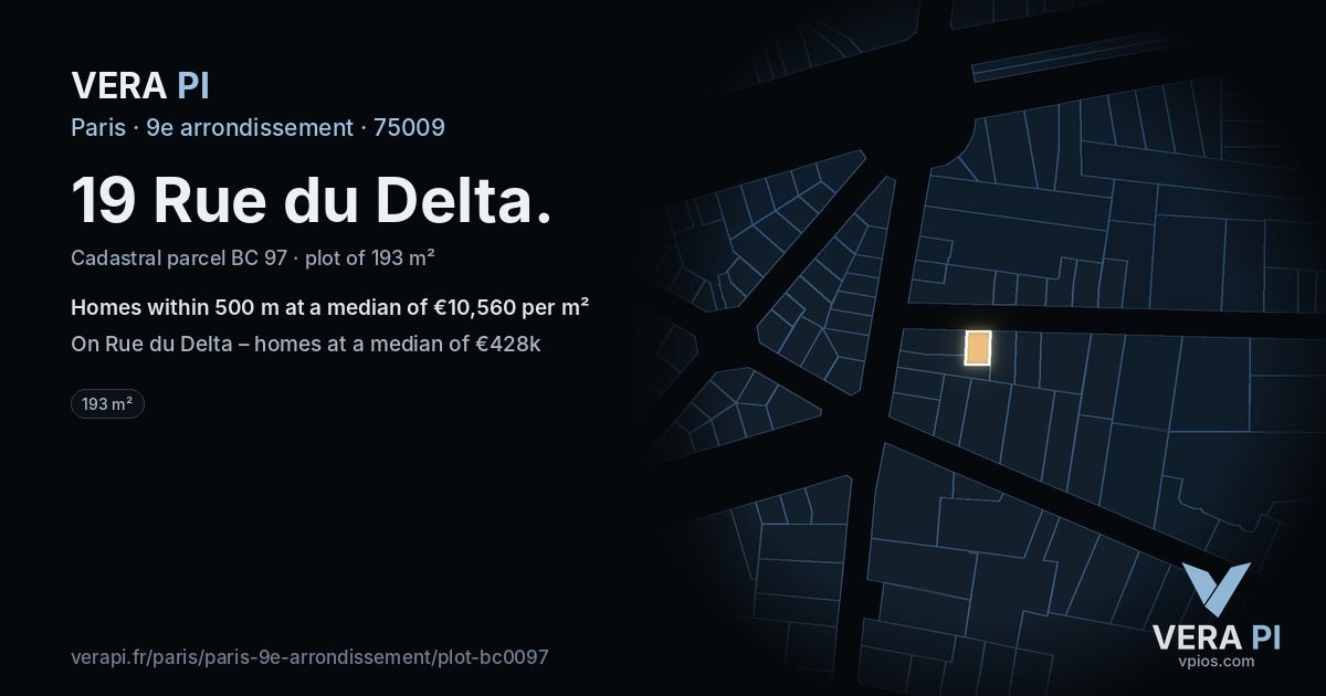 19 Rue du Delta, 9e arrondissement at night – the plot lit, the parcels around coloured by the prices near them