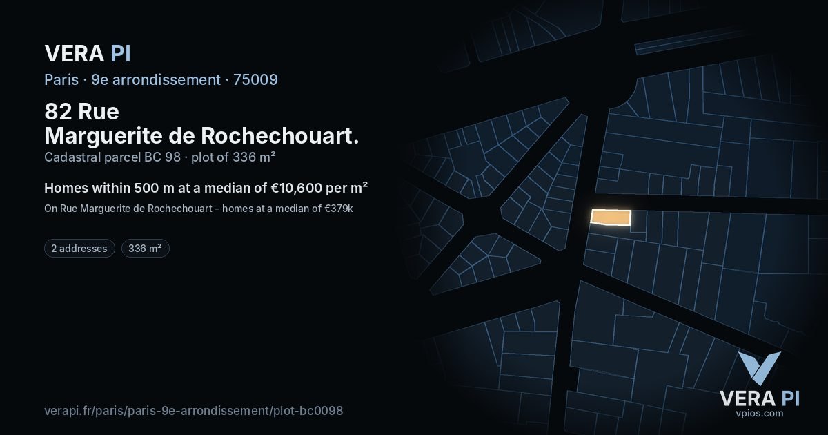 82 Rue Marguerite de Rochechouart, 9e arrondissement at night – the plot lit, the parcels around coloured by the prices near them