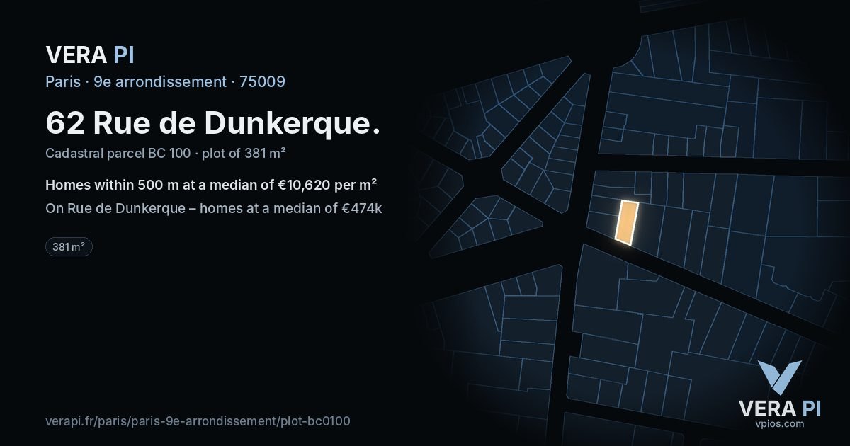 62 Rue de Dunkerque, 9e arrondissement at night – the plot lit, the parcels around coloured by the prices near them