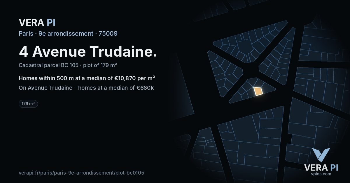 4 Avenue Trudaine, 9e arrondissement at night – the plot lit, the parcels around coloured by the prices near them
