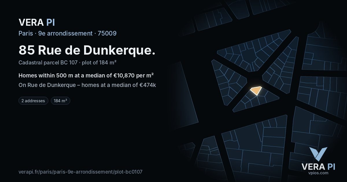 85 Rue de Dunkerque, 9e arrondissement at night – the plot lit, the parcels around coloured by the prices near them
