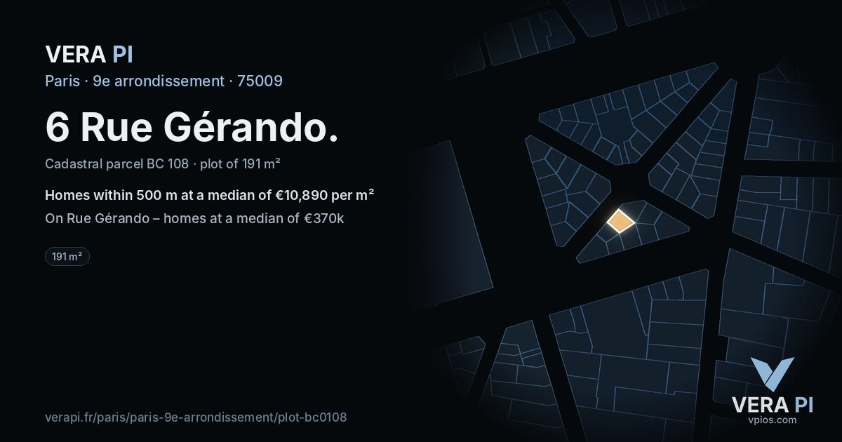 6 Rue Gérando, 9e arrondissement at night – the plot lit, the parcels around coloured by the prices near them