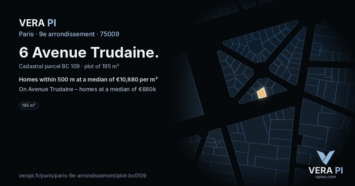 6 Avenue Trudaine, 9e arrondissement at night – the plot lit, the parcels around coloured by the prices near them