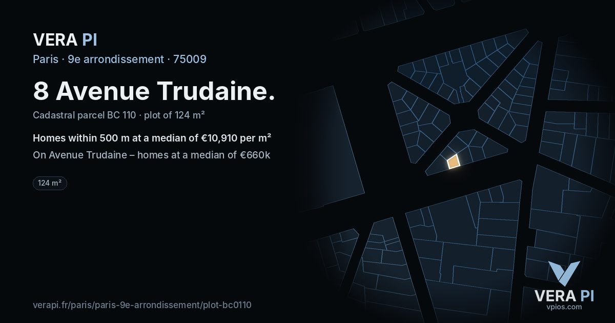 8 Avenue Trudaine, 9e arrondissement at night – the plot lit, the parcels around coloured by the prices near them