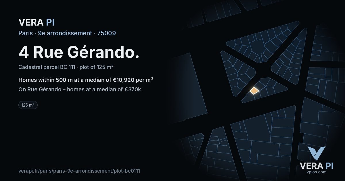 4 Rue Gérando, 9e arrondissement at night – the plot lit, the parcels around coloured by the prices near them