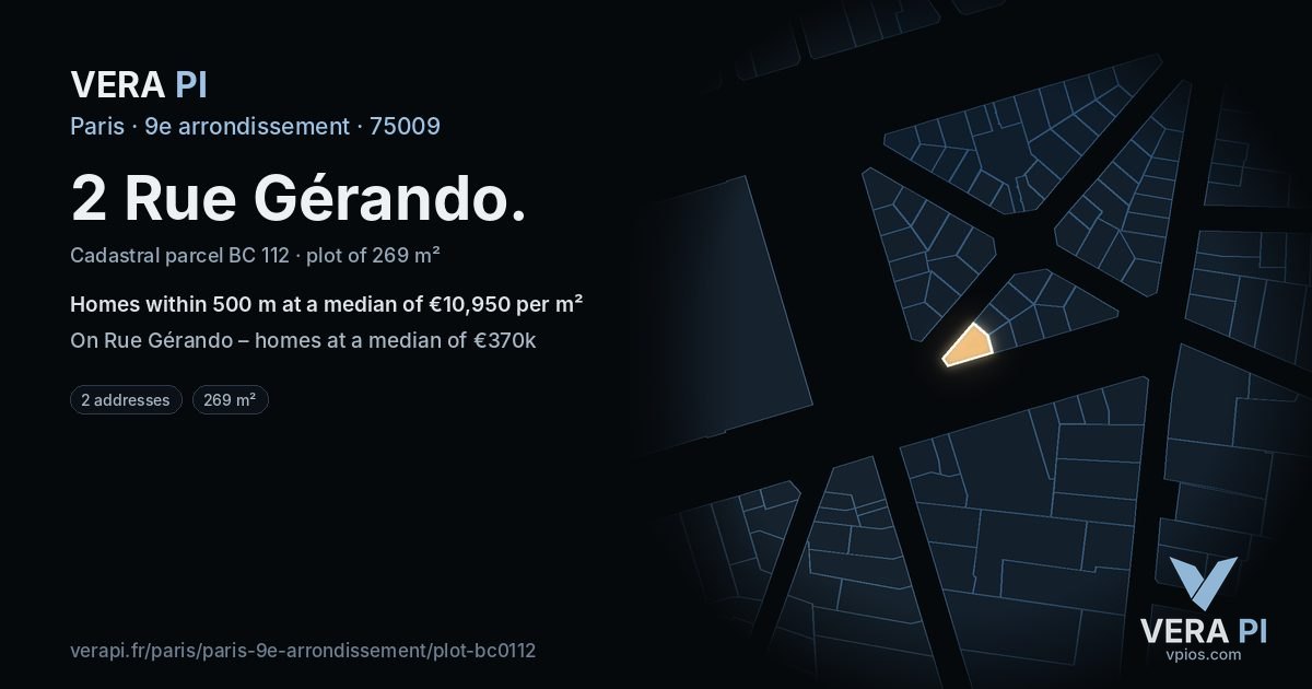 2 Rue Gérando, 9e arrondissement at night – the plot lit, the parcels around coloured by the prices near them