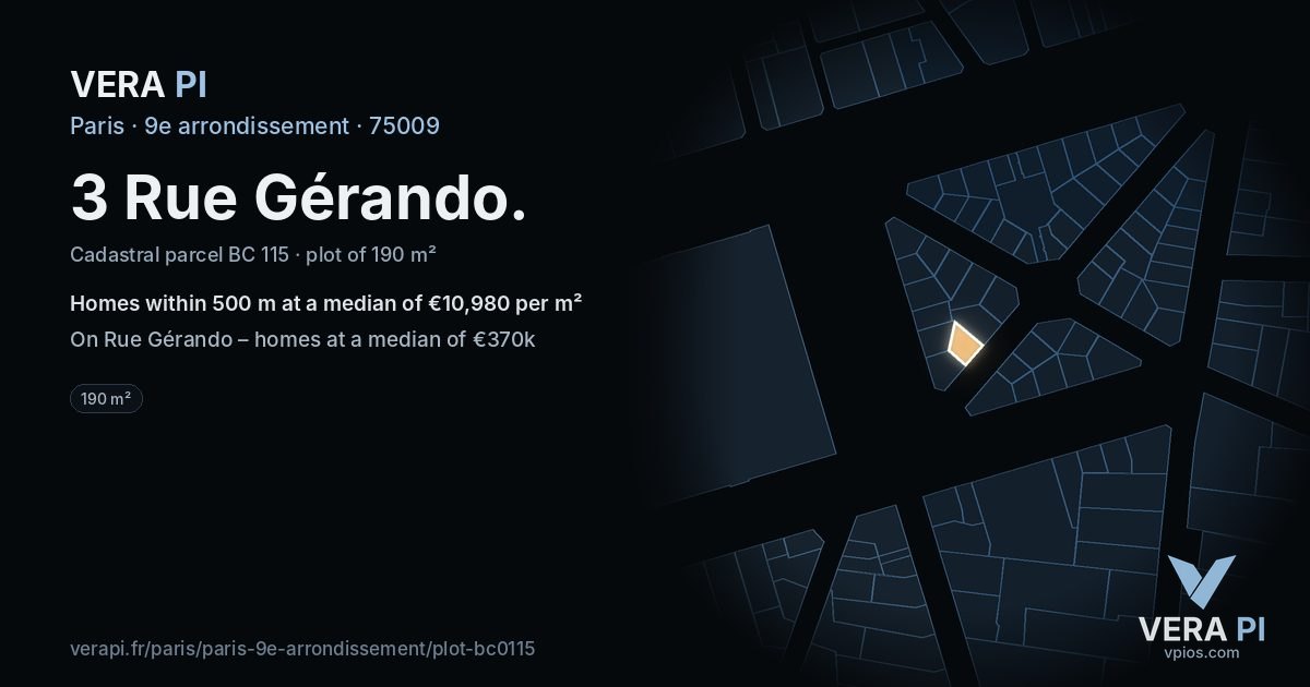3 Rue Gérando, 9e arrondissement at night – the plot lit, the parcels around coloured by the prices near them