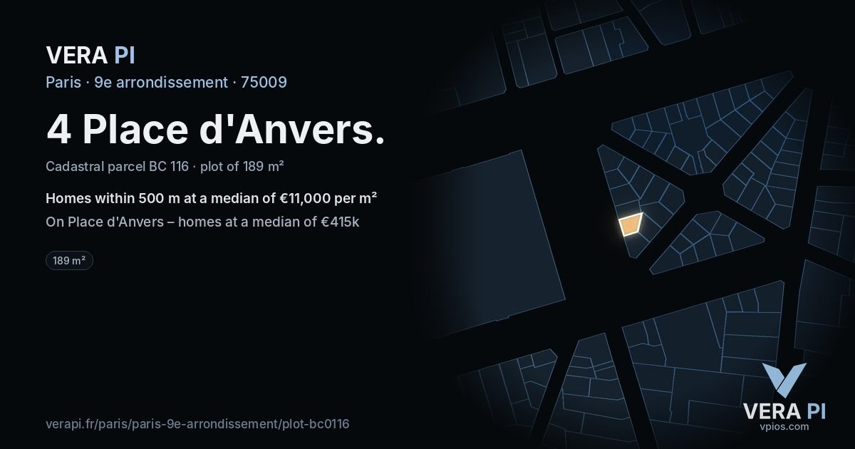 4 Place d'Anvers, 9e arrondissement at night – the plot lit, the parcels around coloured by the prices near them