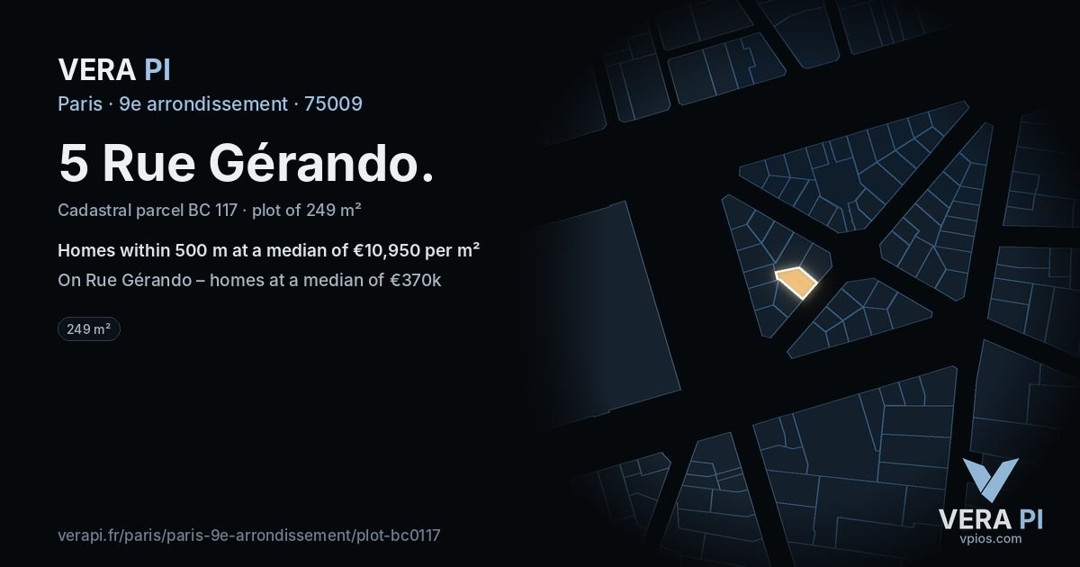 5 Rue Gérando, 9e arrondissement at night – the plot lit, the parcels around coloured by the prices near them
