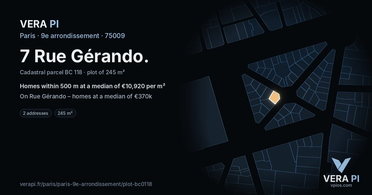 7 Rue Gérando, 9e arrondissement at night – the plot lit, the parcels around coloured by the prices near them