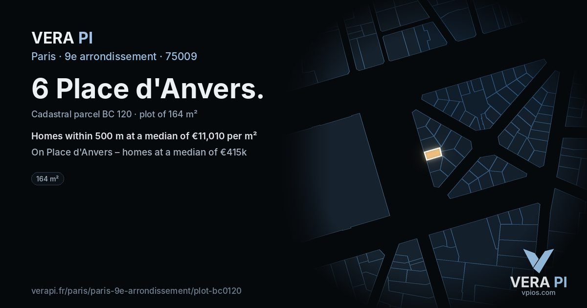 6 Place d'Anvers, 9e arrondissement at night – the plot lit, the parcels around coloured by the prices near them