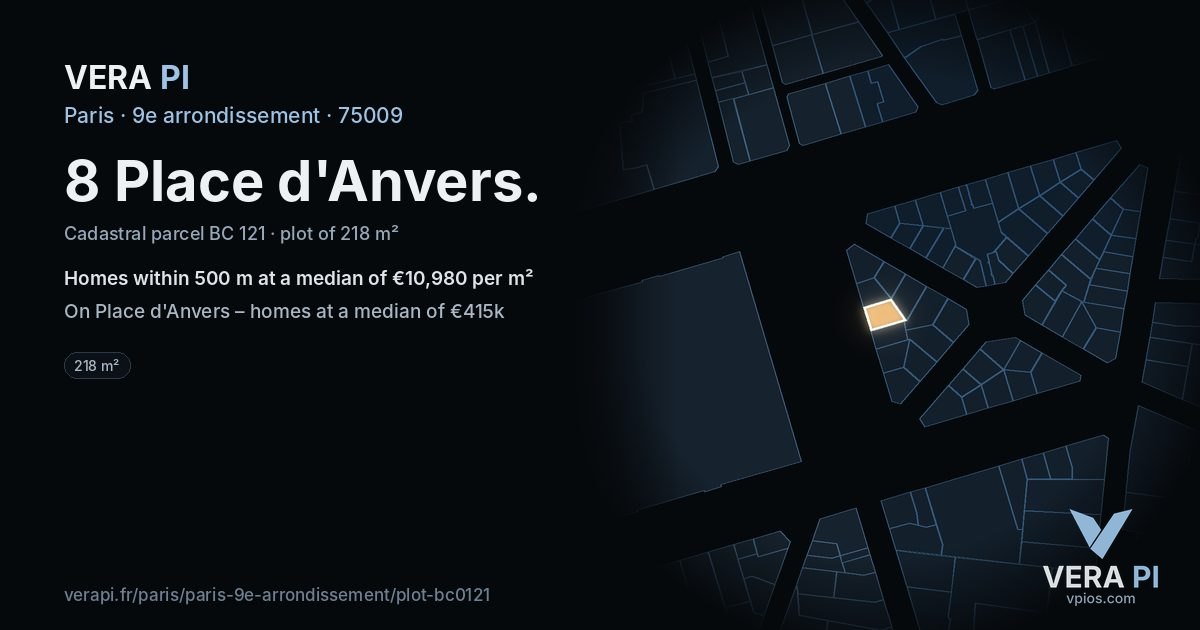 8 Place d'Anvers, 9e arrondissement at night – the plot lit, the parcels around coloured by the prices near them