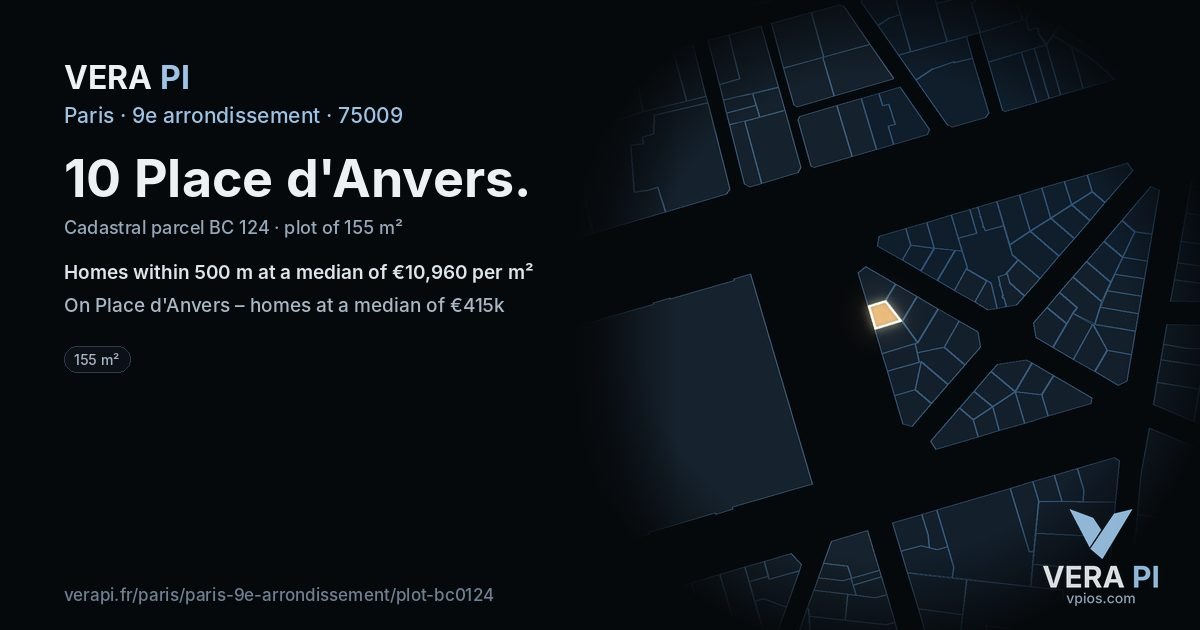 10 Place d'Anvers, 9e arrondissement at night – the plot lit, the parcels around coloured by the prices near them