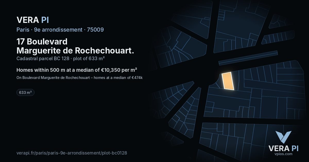 17 Boulevard Marguerite de Rochechouart, 9e arrondissement at night – the plot lit, the parcels around coloured by the prices near them