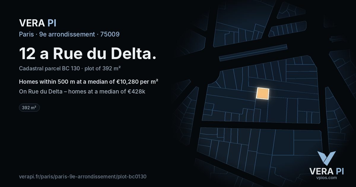 12 a Rue du Delta, 9e arrondissement at night – the plot lit, the parcels around coloured by the prices near them