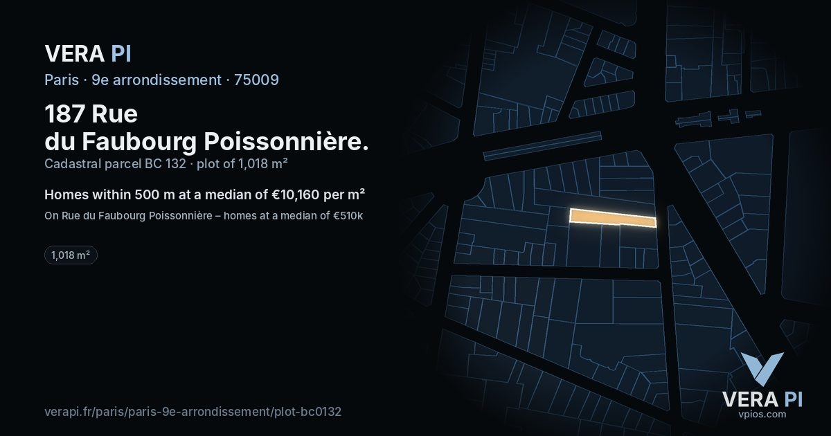 187 Rue du Faubourg Poissonnière, 9e arrondissement at night – the plot lit, the parcels around coloured by the prices near them