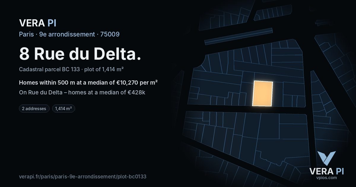 8 Rue du Delta, 9e arrondissement at night – the plot lit, the parcels around coloured by the prices near them