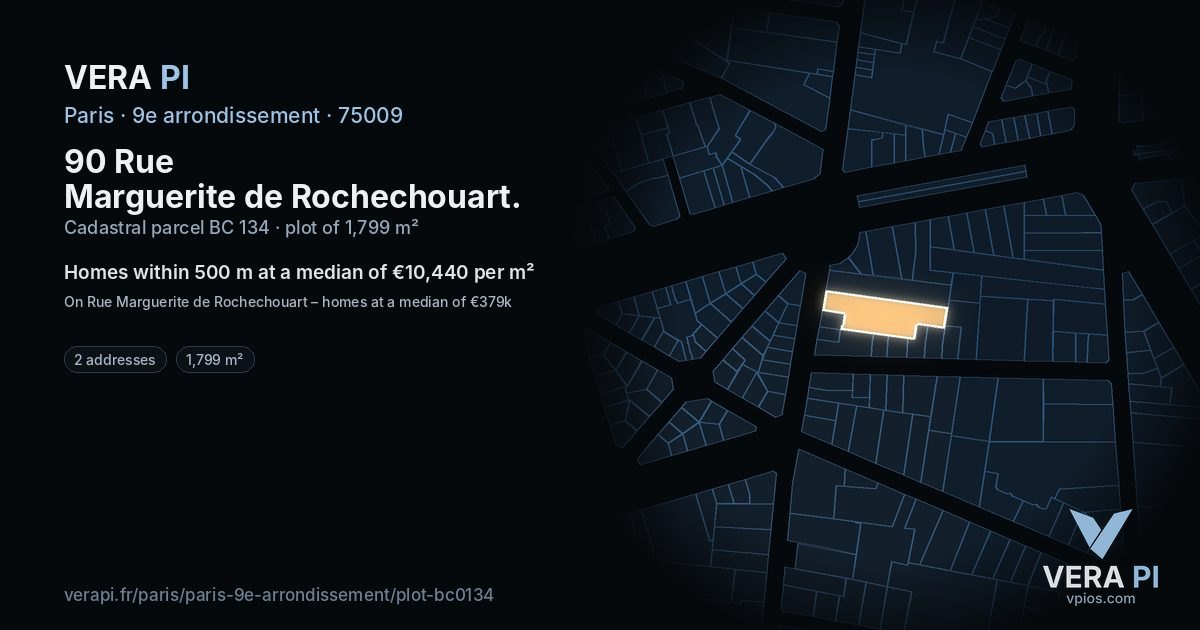 90 Rue Marguerite de Rochechouart, 9e arrondissement at night – the plot lit, the parcels around coloured by the prices near them