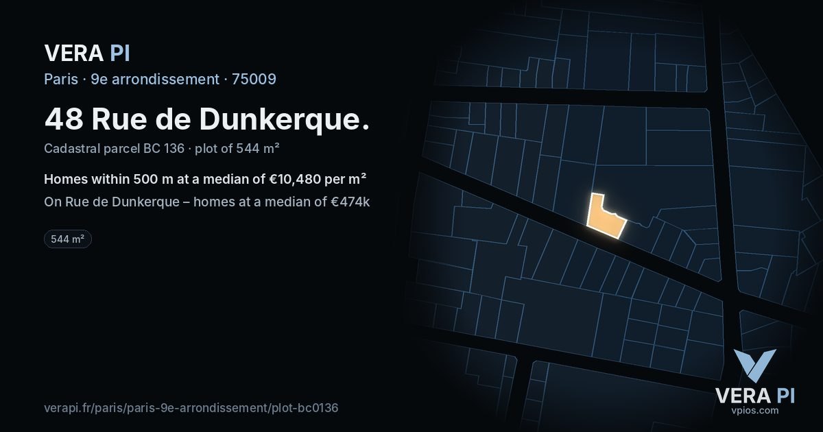 48 Rue de Dunkerque, 9e arrondissement at night – the plot lit, the parcels around coloured by the prices near them