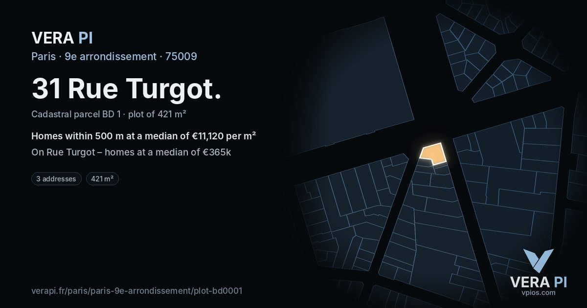 31 Rue Turgot, 9e arrondissement at night – the plot lit, the parcels around coloured by the prices near them