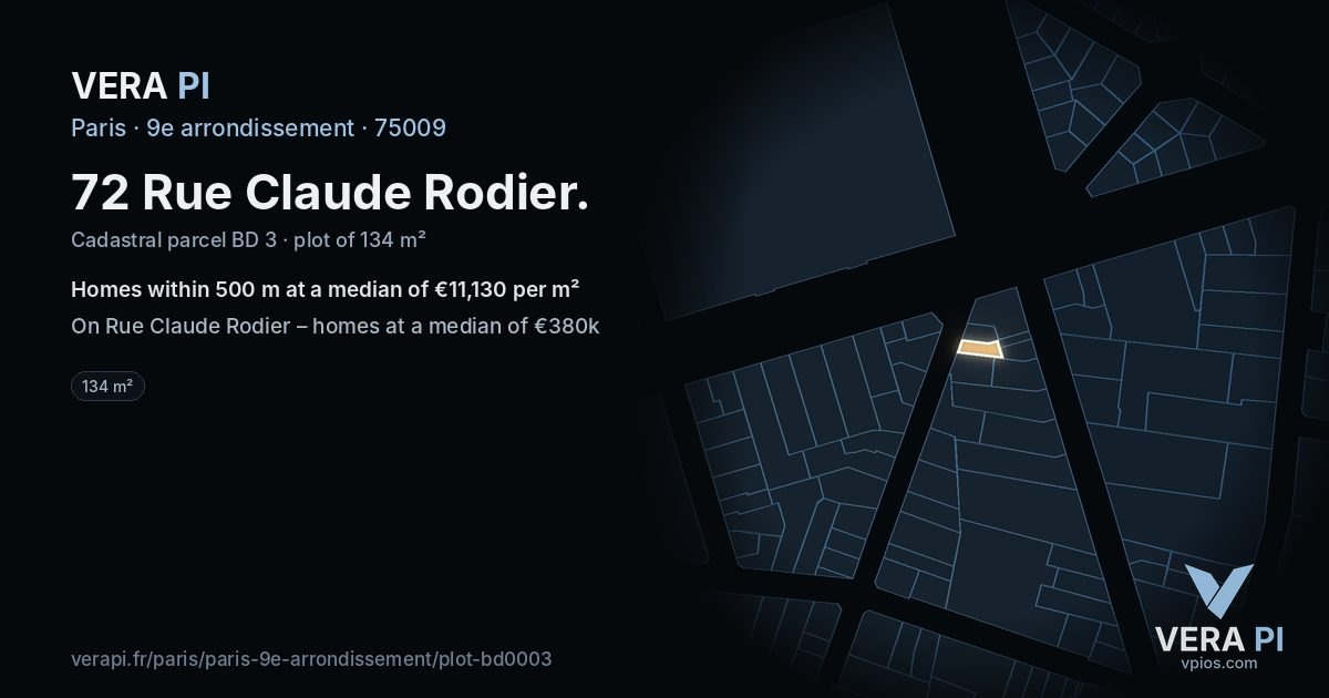 72 Rue Claude Rodier, 9e arrondissement at night – the plot lit, the parcels around coloured by the prices near them