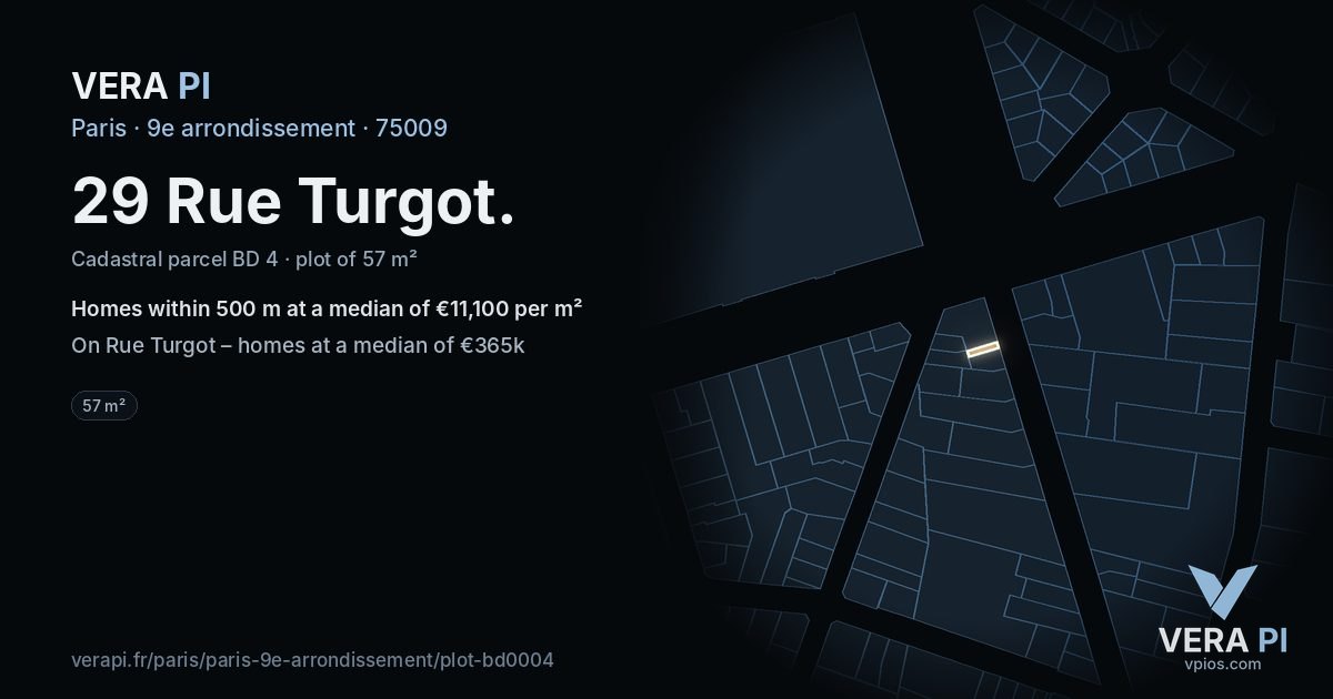 29 Rue Turgot, 9e arrondissement at night – the plot lit, the parcels around coloured by the prices near them