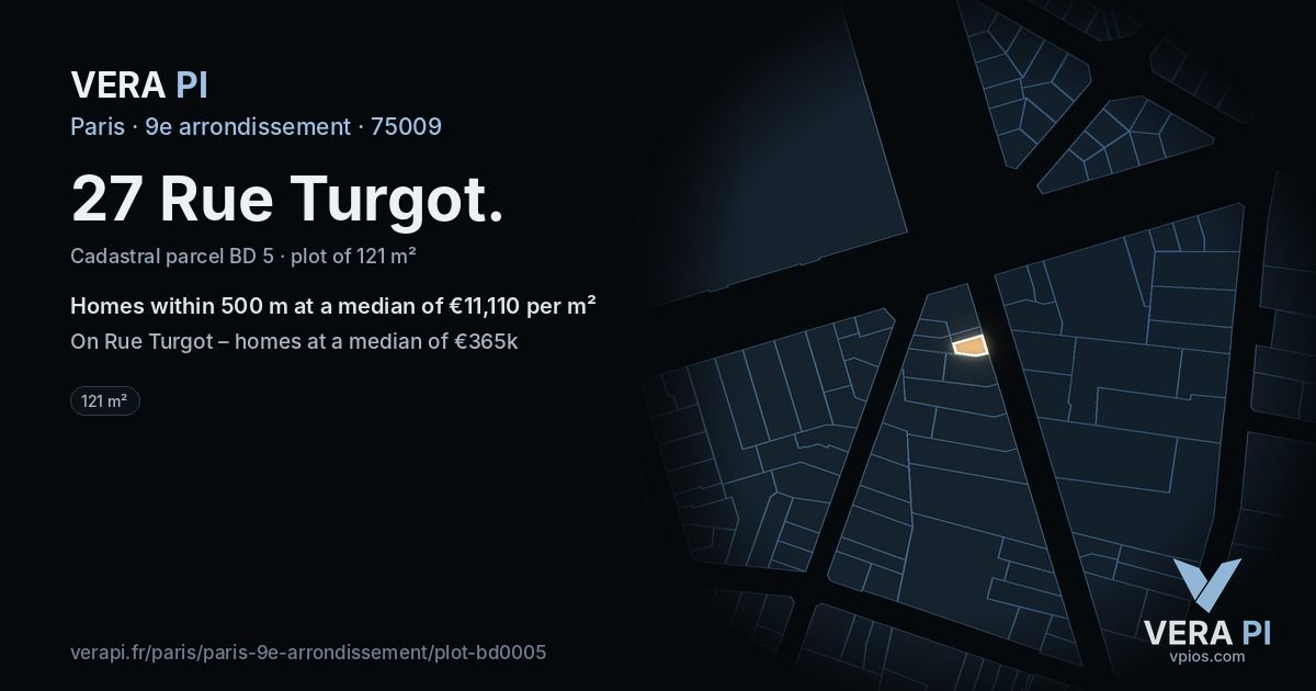 27 Rue Turgot, 9e arrondissement at night – the plot lit, the parcels around coloured by the prices near them