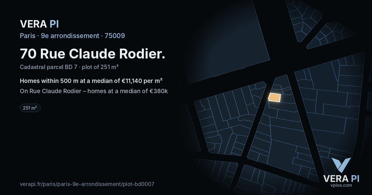 70 Rue Claude Rodier, 9e arrondissement at night – the plot lit, the parcels around coloured by the prices near them