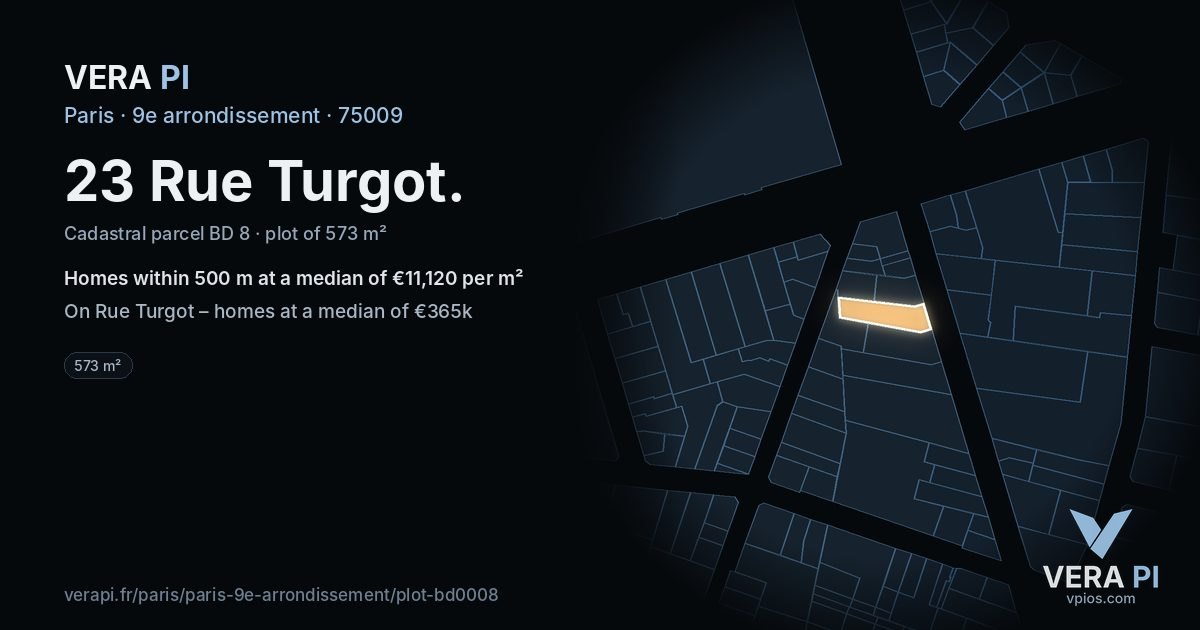 23 Rue Turgot, 9e arrondissement at night – the plot lit, the parcels around coloured by the prices near them