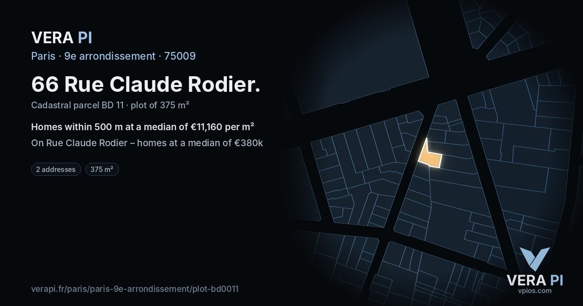 66 Rue Claude Rodier, 9e arrondissement at night – the plot lit, the parcels around coloured by the prices near them