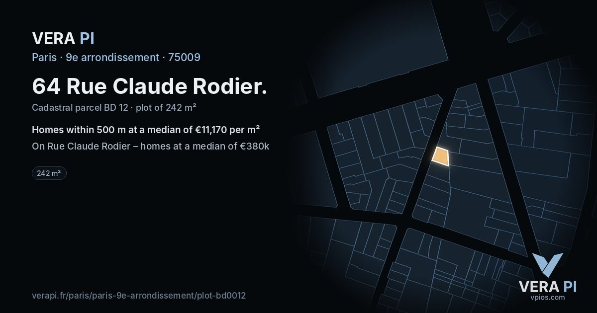 64 Rue Claude Rodier, 9e arrondissement at night – the plot lit, the parcels around coloured by the prices near them