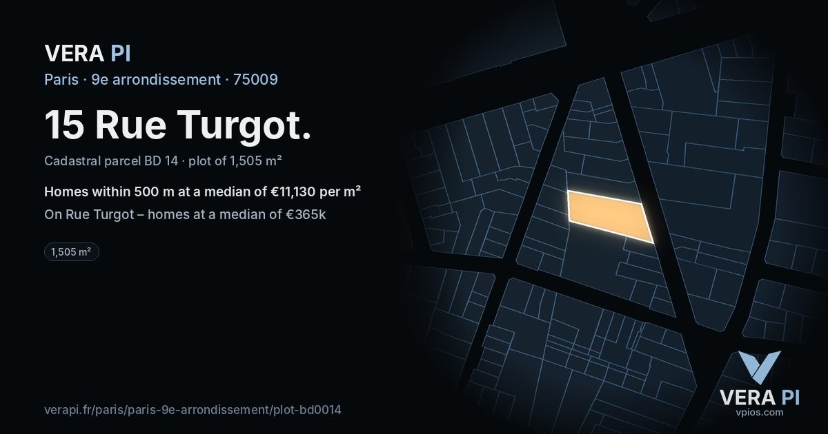 15 Rue Turgot, 9e arrondissement at night – the plot lit, the parcels around coloured by the prices near them