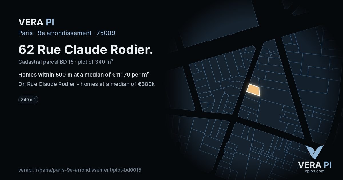 62 Rue Claude Rodier, 9e arrondissement at night – the plot lit, the parcels around coloured by the prices near them