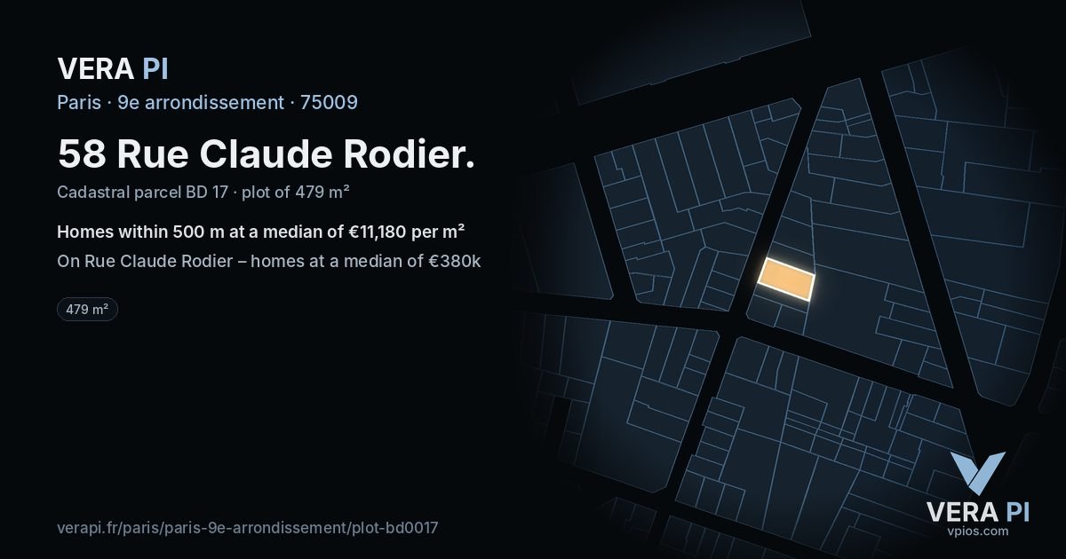 58 Rue Claude Rodier, 9e arrondissement at night – the plot lit, the parcels around coloured by the prices near them