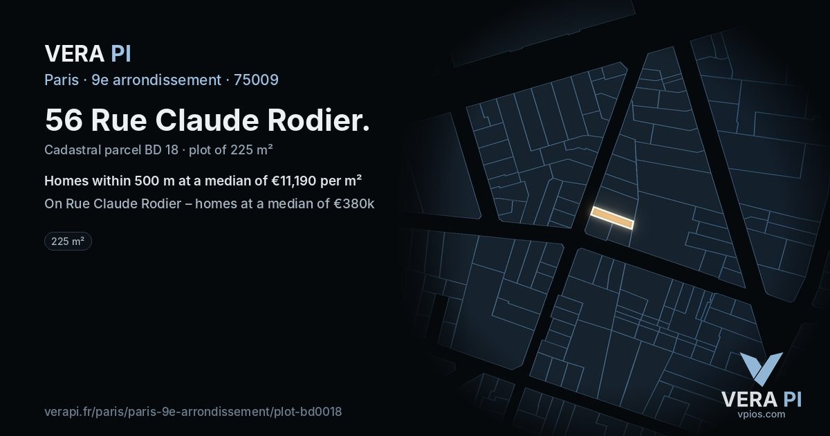 56 Rue Claude Rodier, 9e arrondissement at night – the plot lit, the parcels around coloured by the prices near them