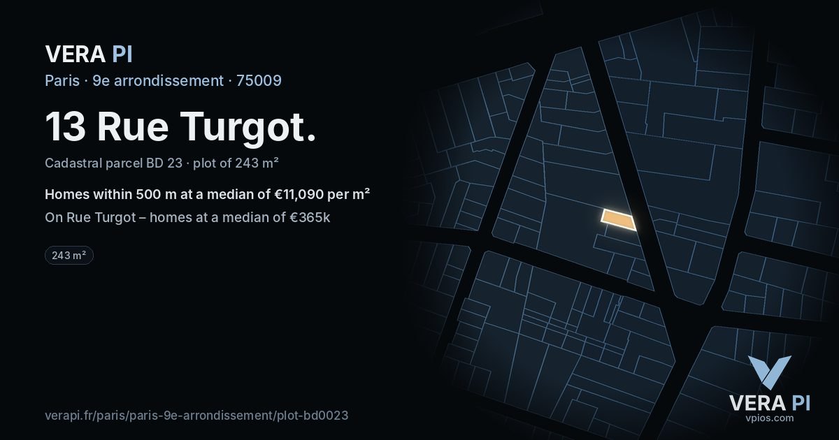 13 Rue Turgot, 9e arrondissement at night – the plot lit, the parcels around coloured by the prices near them