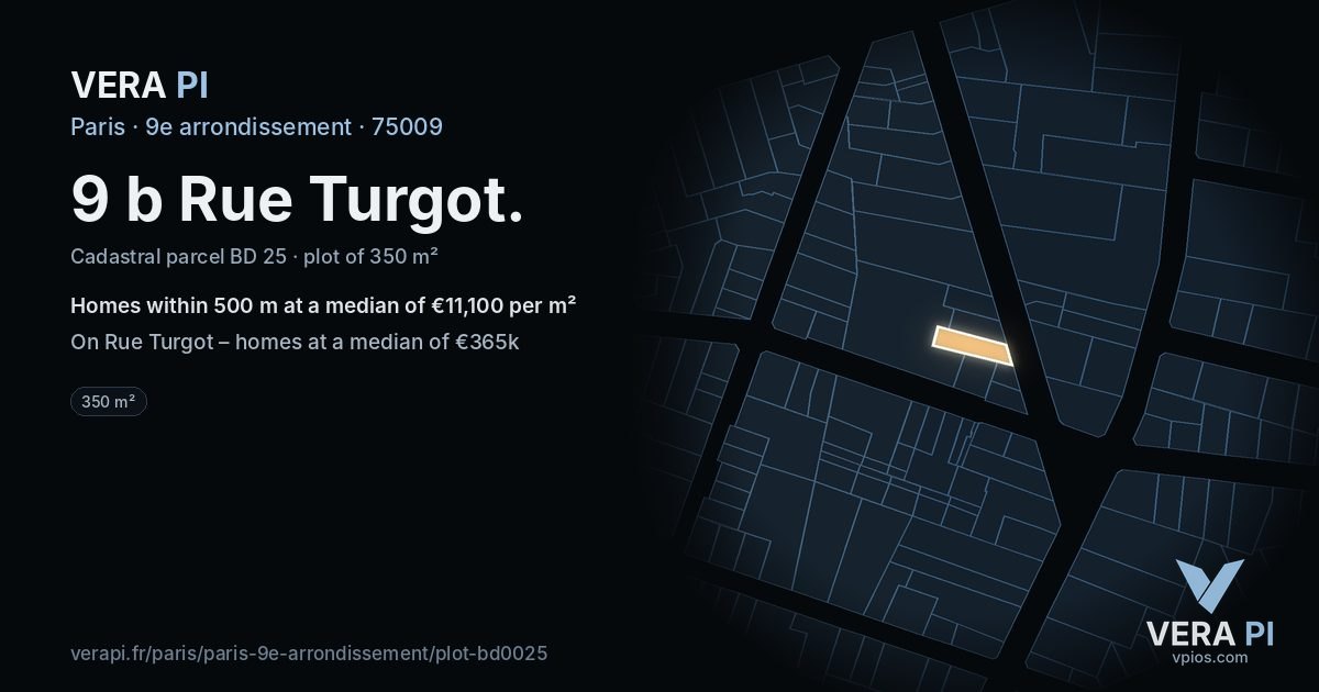 9 b Rue Turgot, 9e arrondissement at night – the plot lit, the parcels around coloured by the prices near them