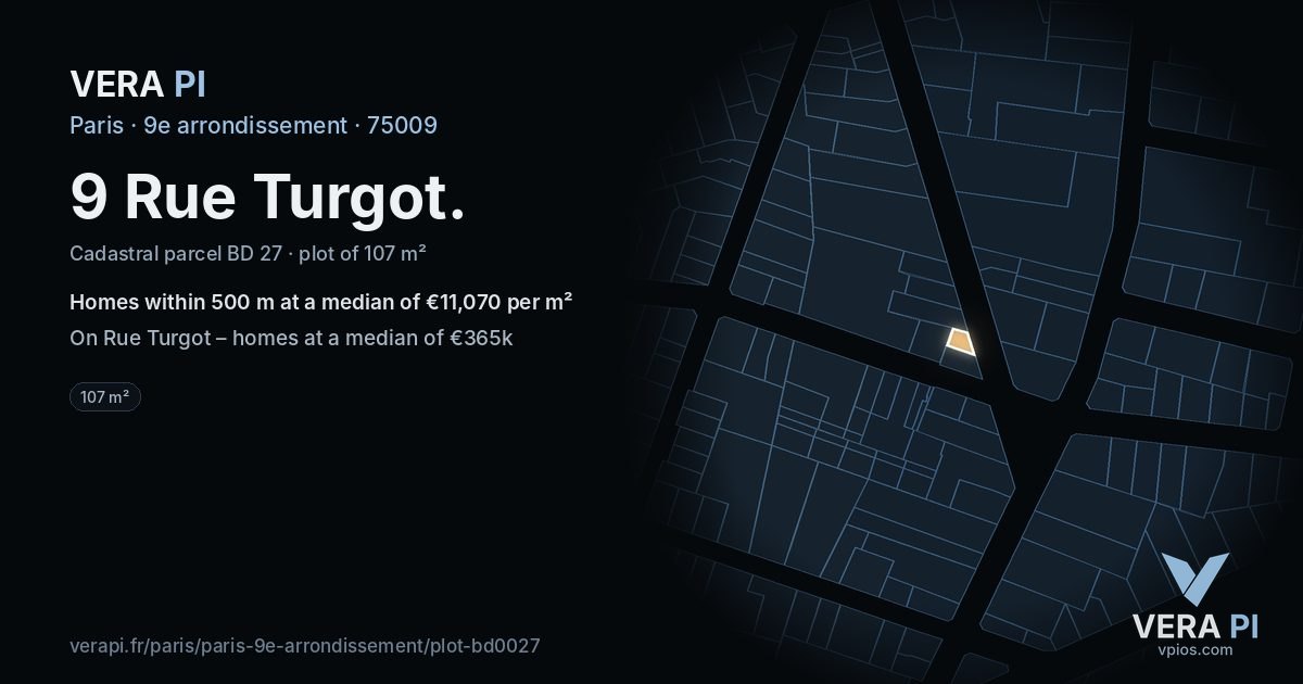 9 Rue Turgot, 9e arrondissement at night – the plot lit, the parcels around coloured by the prices near them