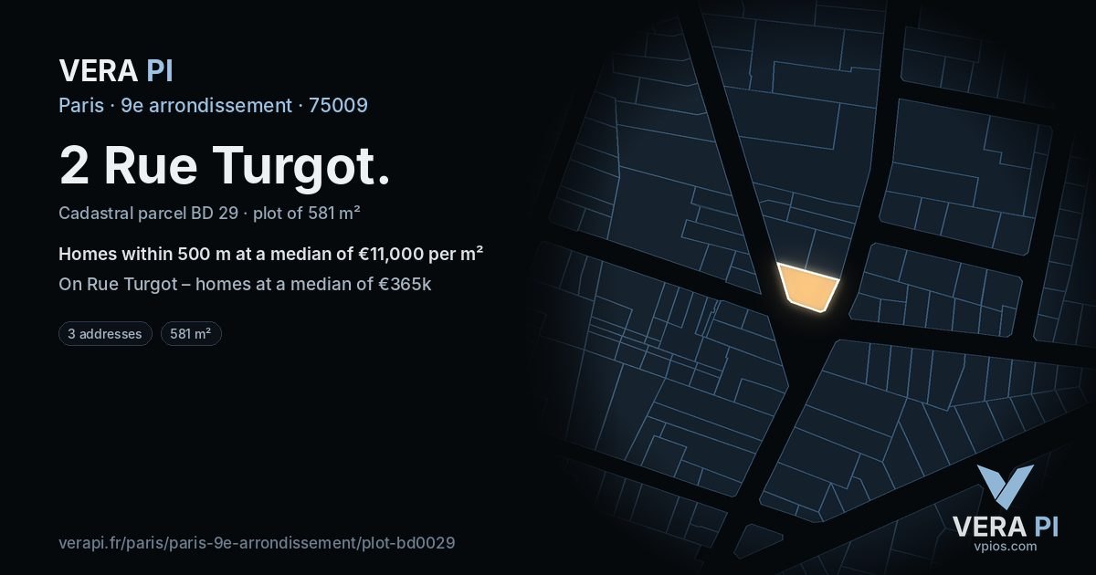 2 Rue Turgot, 9e arrondissement at night – the plot lit, the parcels around coloured by the prices near them