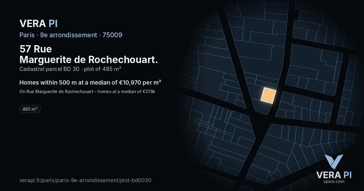 57 Rue Marguerite de Rochechouart, 9e arrondissement at night – the plot lit, the parcels around coloured by the prices near them