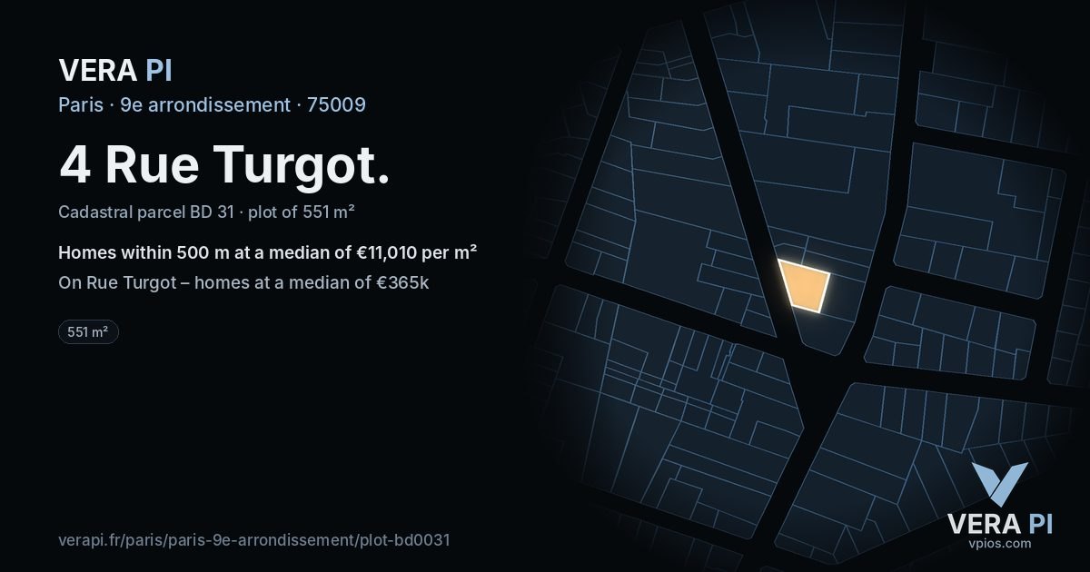 4 Rue Turgot, 9e arrondissement at night – the plot lit, the parcels around coloured by the prices near them
