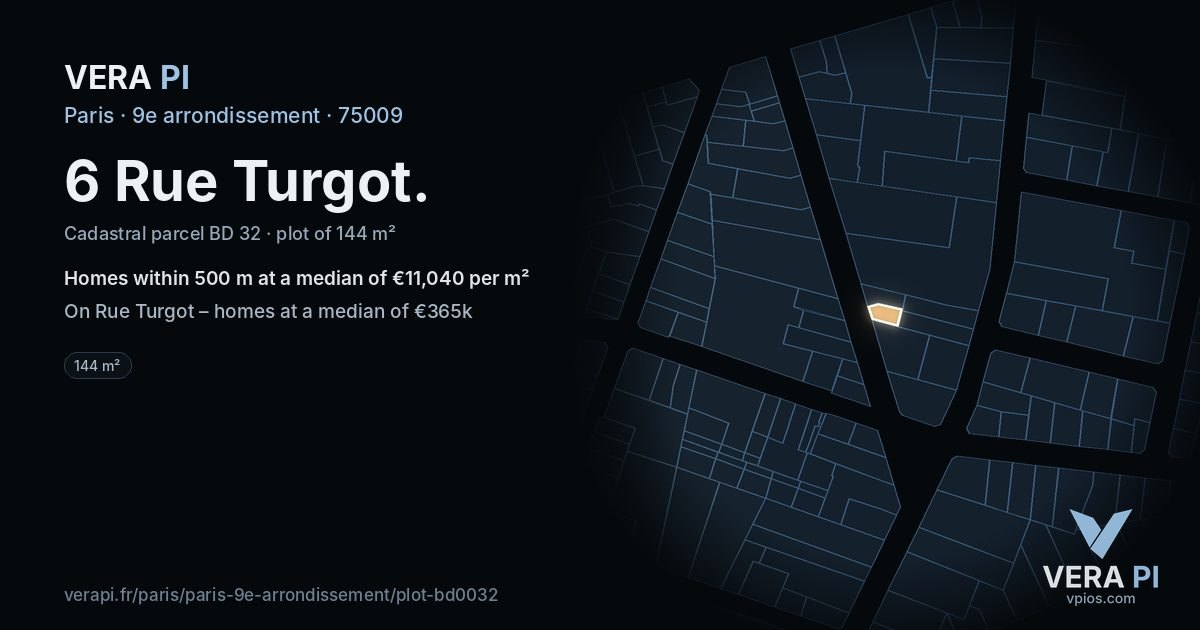 6 Rue Turgot, 9e arrondissement at night – the plot lit, the parcels around coloured by the prices near them