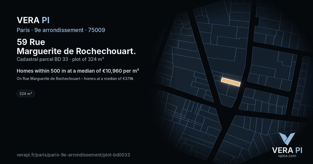 59 Rue Marguerite de Rochechouart, 9e arrondissement at night – the plot lit, the parcels around coloured by the prices near them
