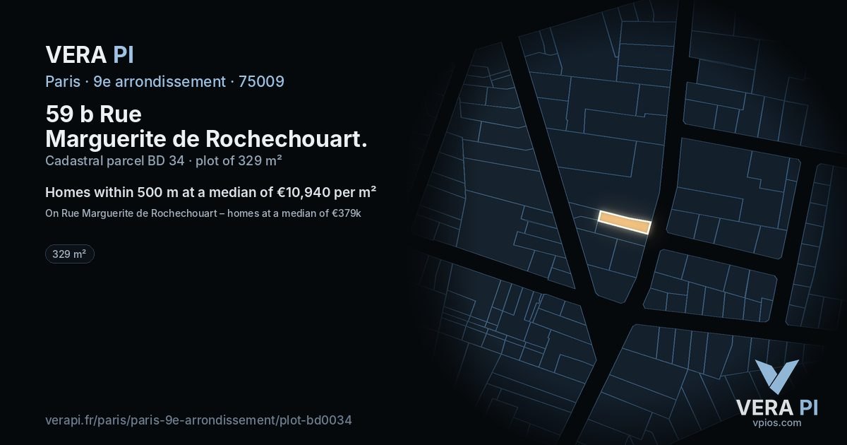 59 b Rue Marguerite de Rochechouart, 9e arrondissement at night – the plot lit, the parcels around coloured by the prices near them