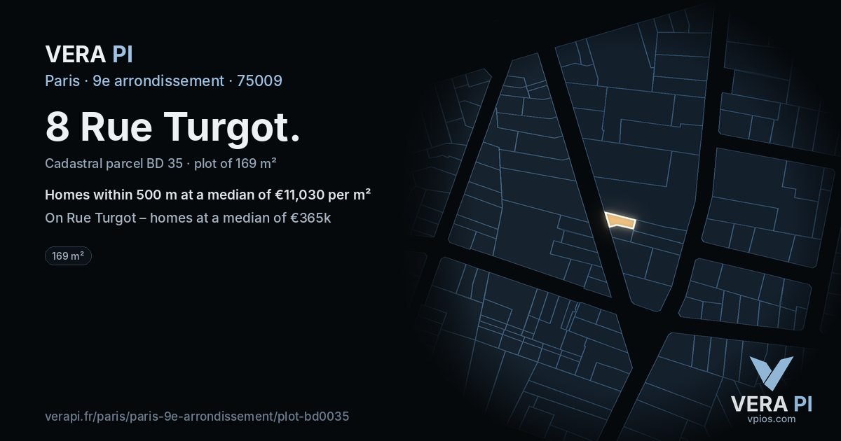 8 Rue Turgot, 9e arrondissement at night – the plot lit, the parcels around coloured by the prices near them