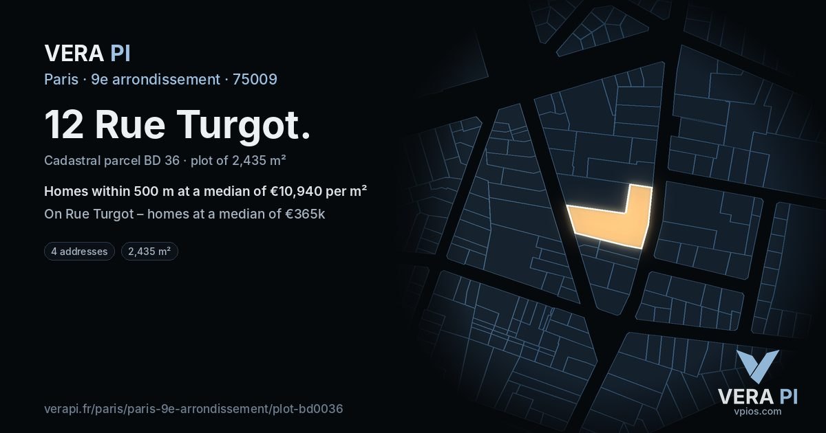 12 Rue Turgot, 9e arrondissement at night – the plot lit, the parcels around coloured by the prices near them